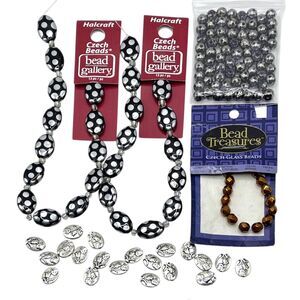 Mixed Lot Metallic Beads Czech Oval Glass Metal Jewelry Making Silver Tone Dot